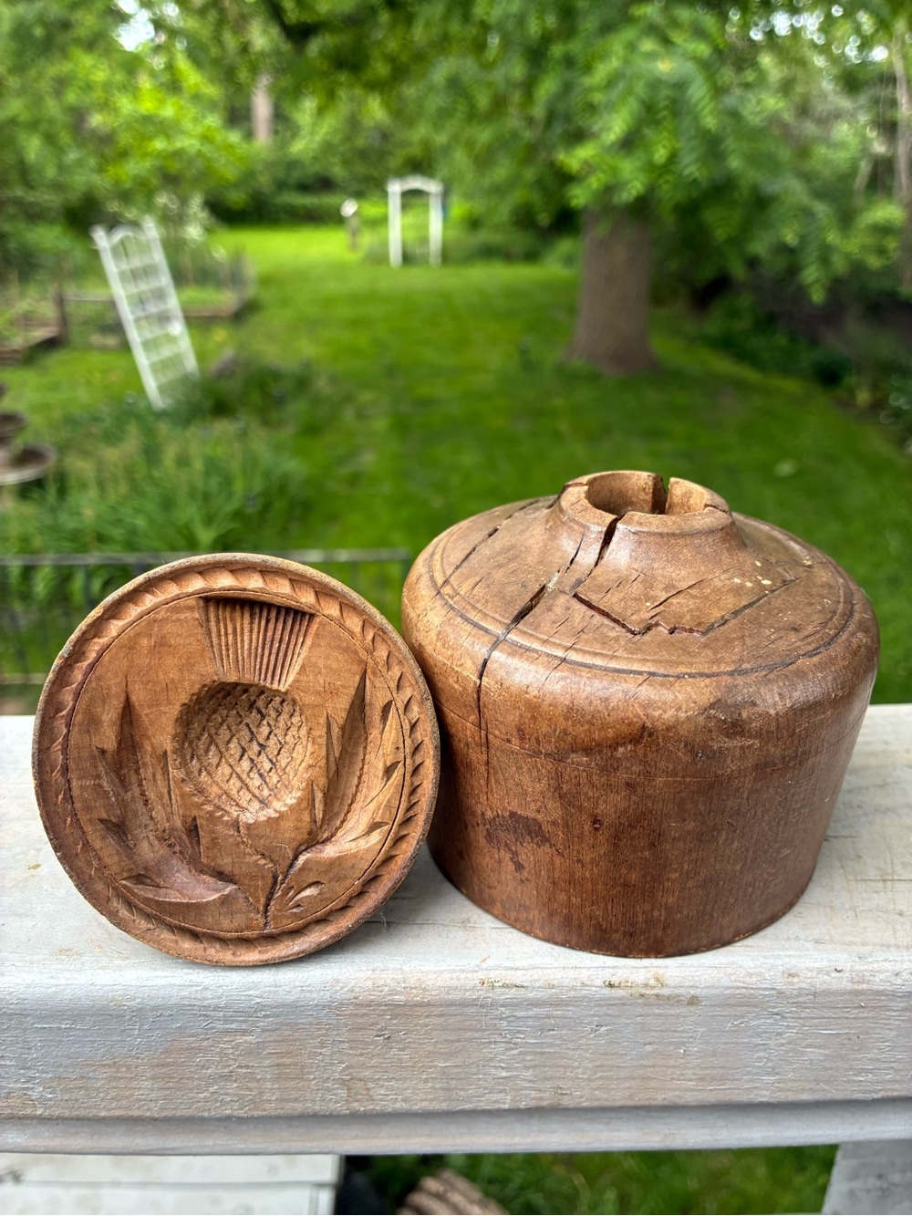 Old Hand Carved Wooden Butter Mold with Thistle Design